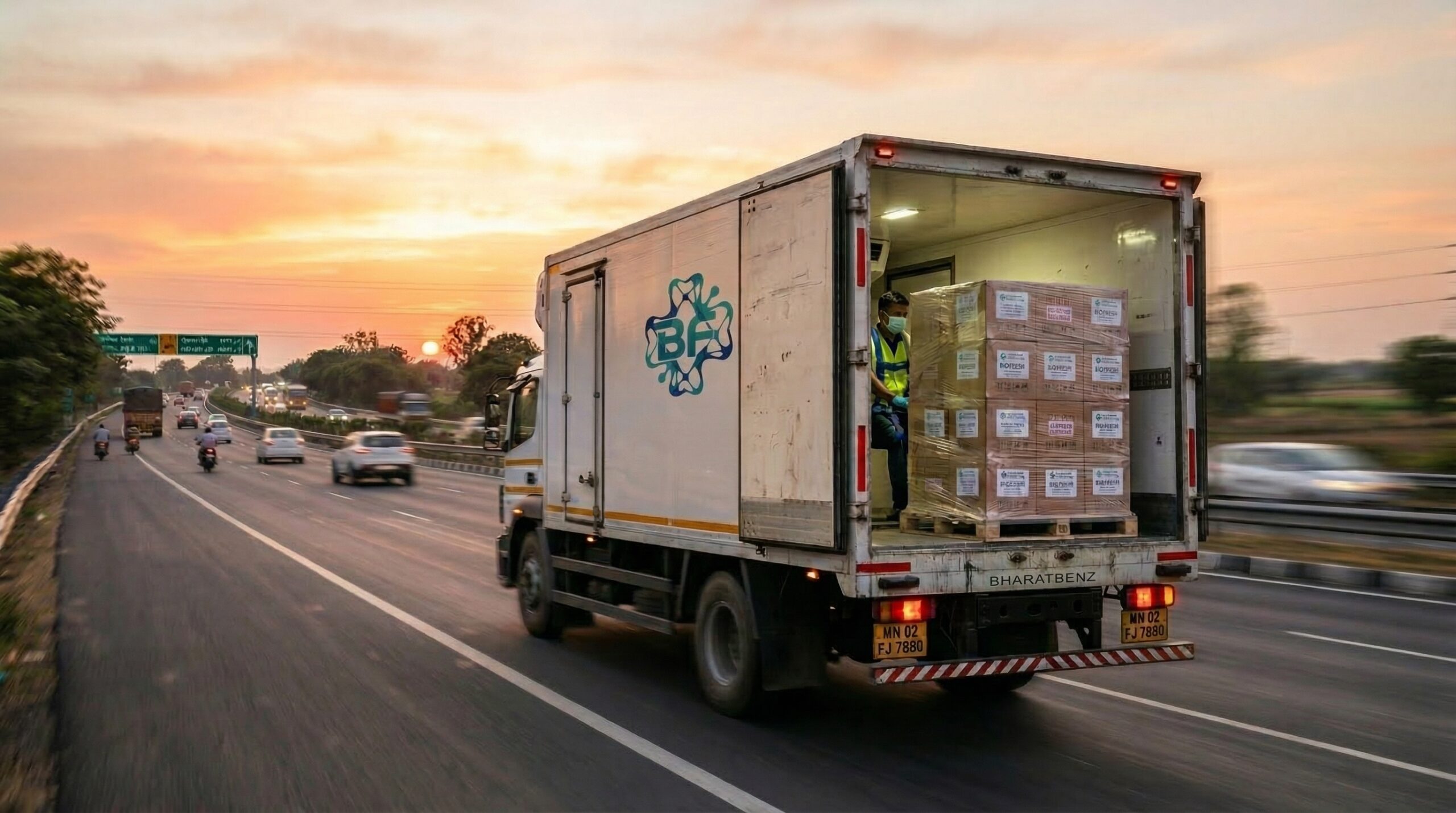 Biofril dispatch truck delivering pharmaceutical products across India