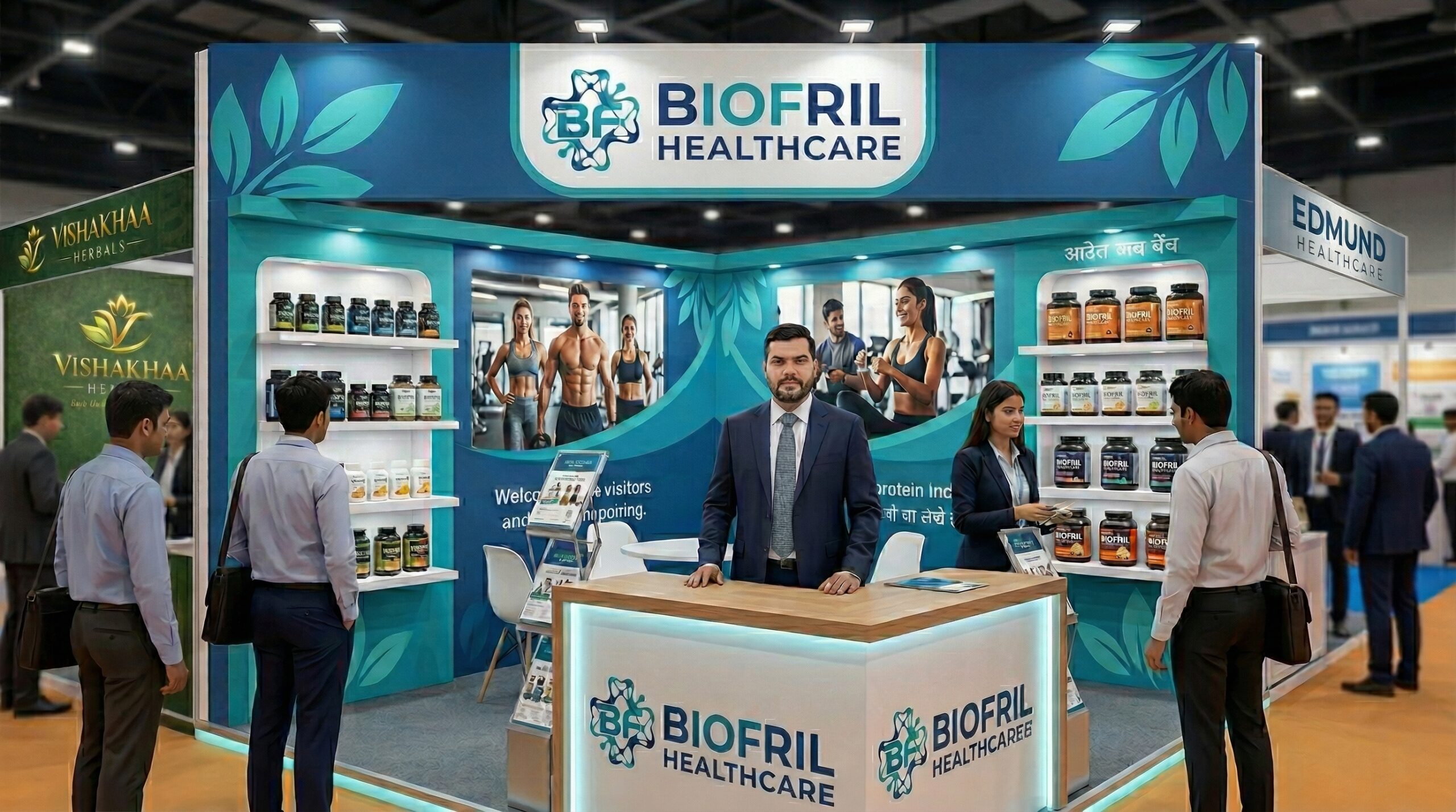 Biofril Healthcare trade show booth showcasing private label nutraceuticals and contract manufacturing